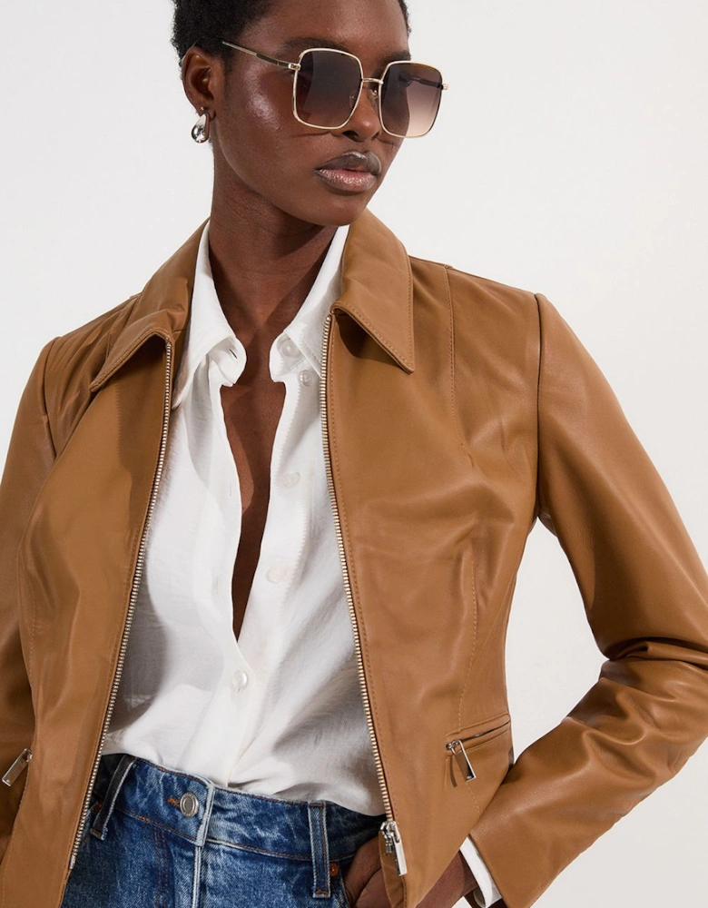 Leather Collared Zip Through Tailored Jacket