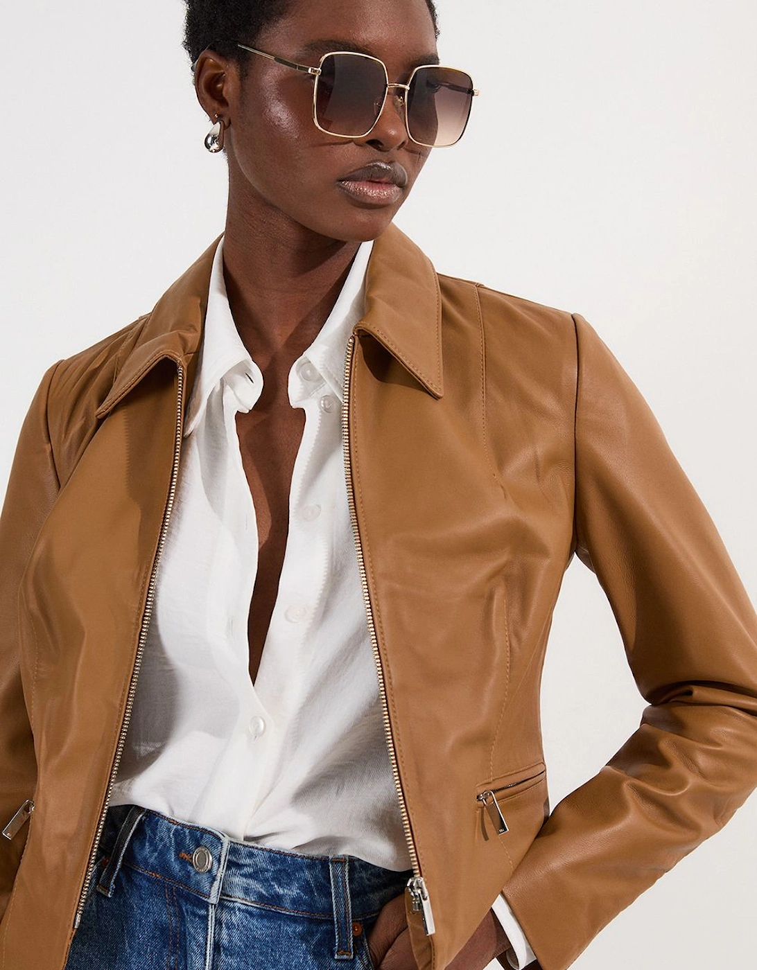 Leather Collared Zip Through Tailored Jacket, 2 of 1