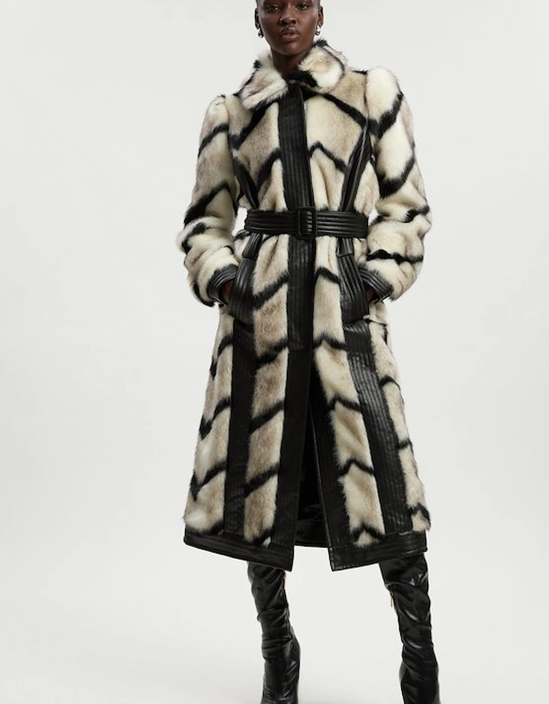 Panelled Stripe Faux Fur Pu Belted Long Coat, 5 of 4