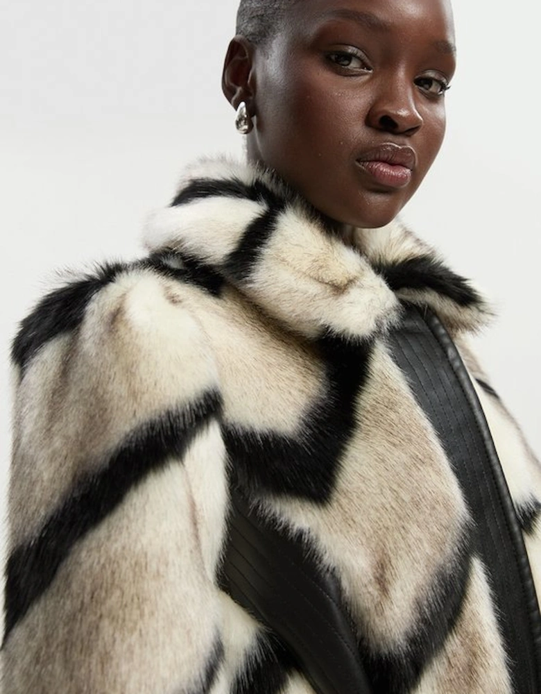 Panelled Stripe Faux Fur Pu Belted Long Coat