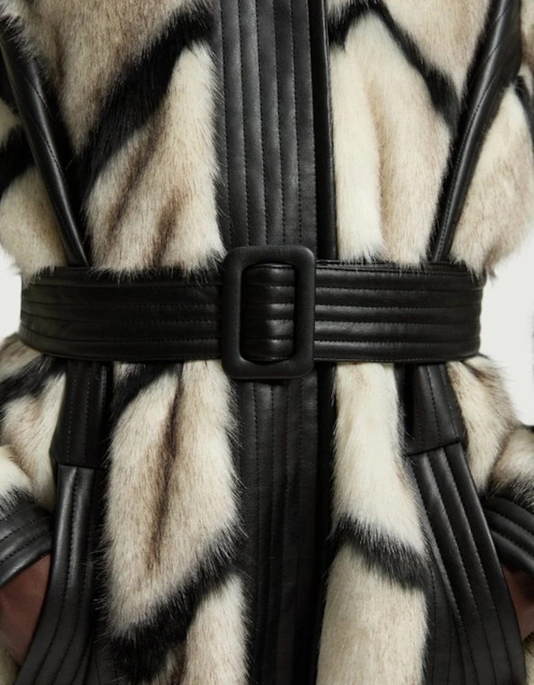 Panelled Stripe Faux Fur Pu Belted Long Coat
