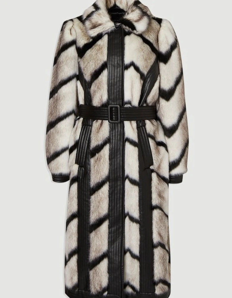 Panelled Stripe Faux Fur Pu Belted Long Coat