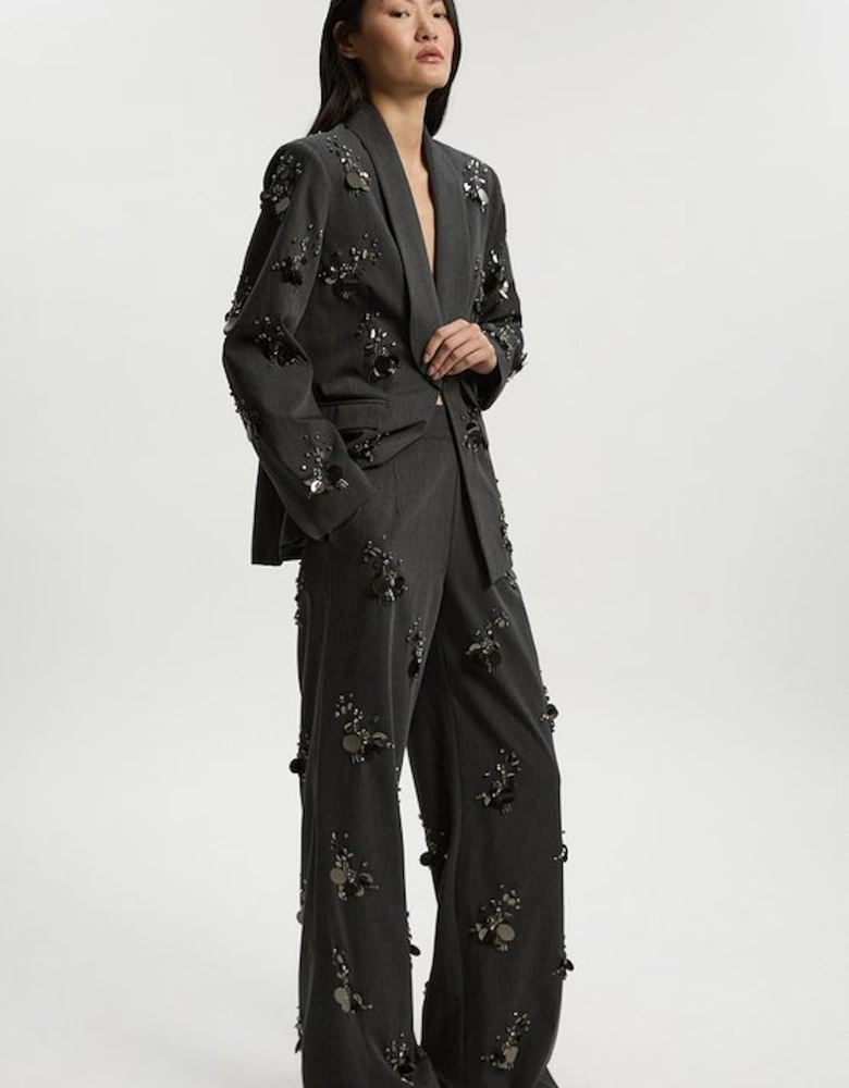 Petite Cluster Sequin & Crystal Embellished Tailored Wide Leg Trouser