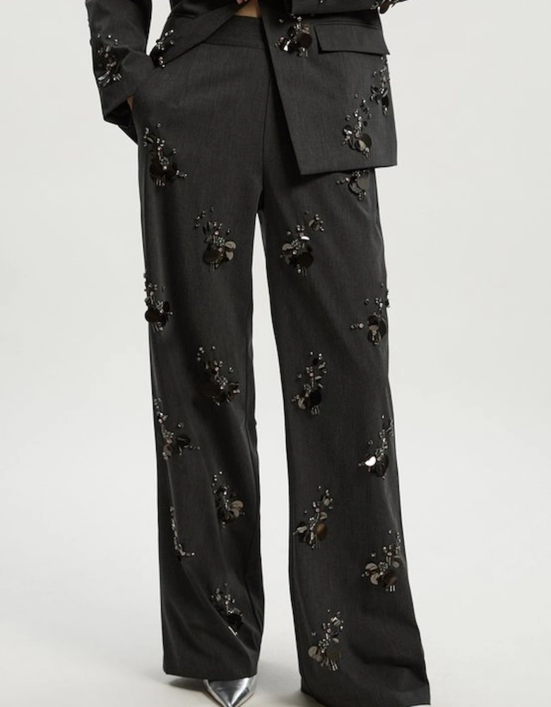 Petite Cluster Sequin & Crystal Embellished Tailored Wide Leg Trouser