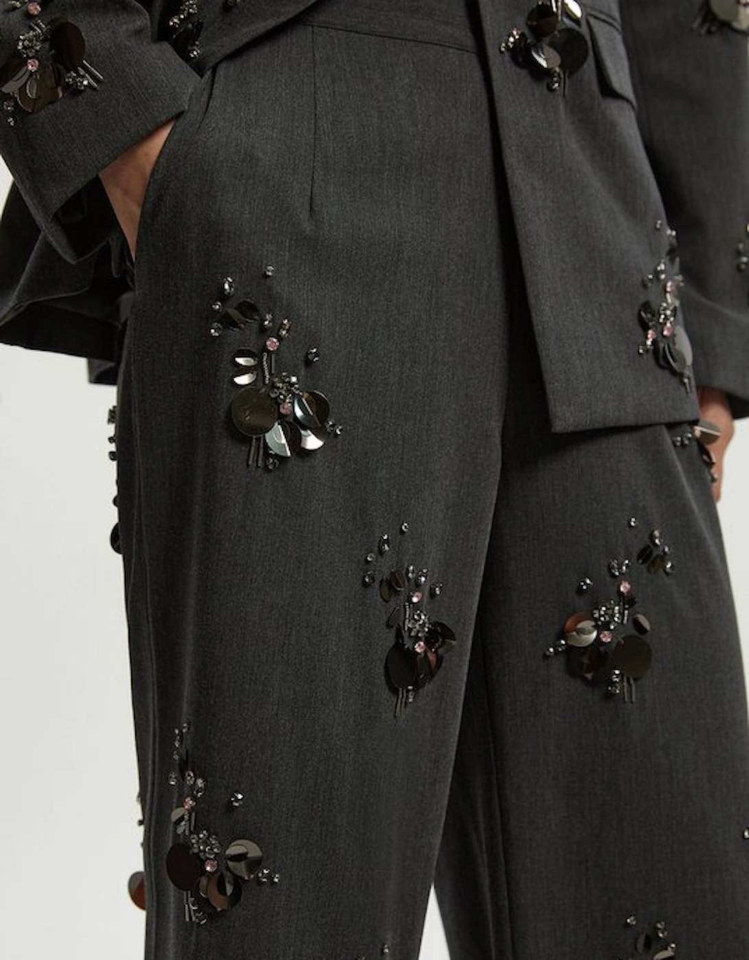 Petite Cluster Sequin & Crystal Embellished Tailored Wide Leg Trouser
