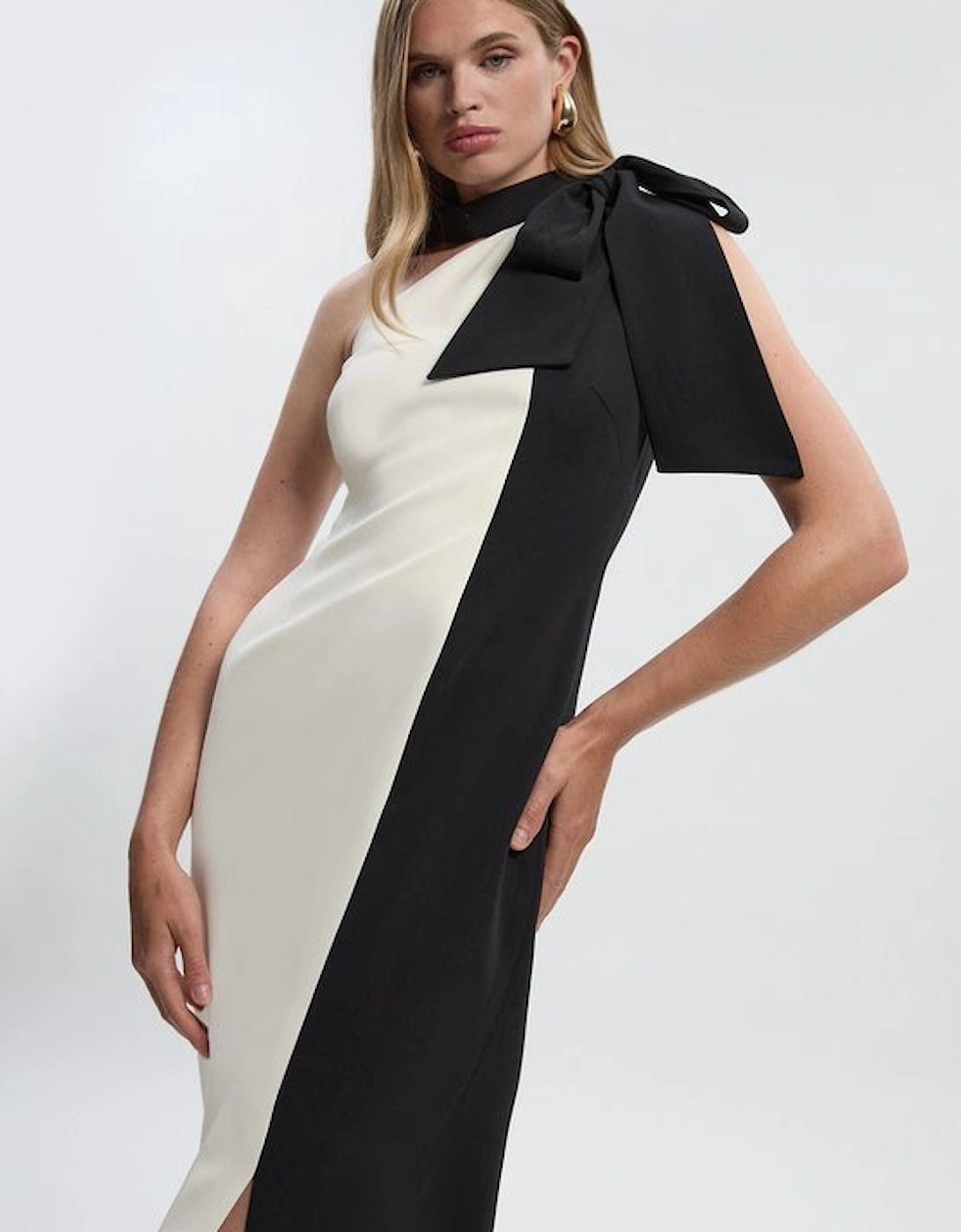 Soft Tailored Colour Block Bow Tie Neck Midi Dress, 5 of 4