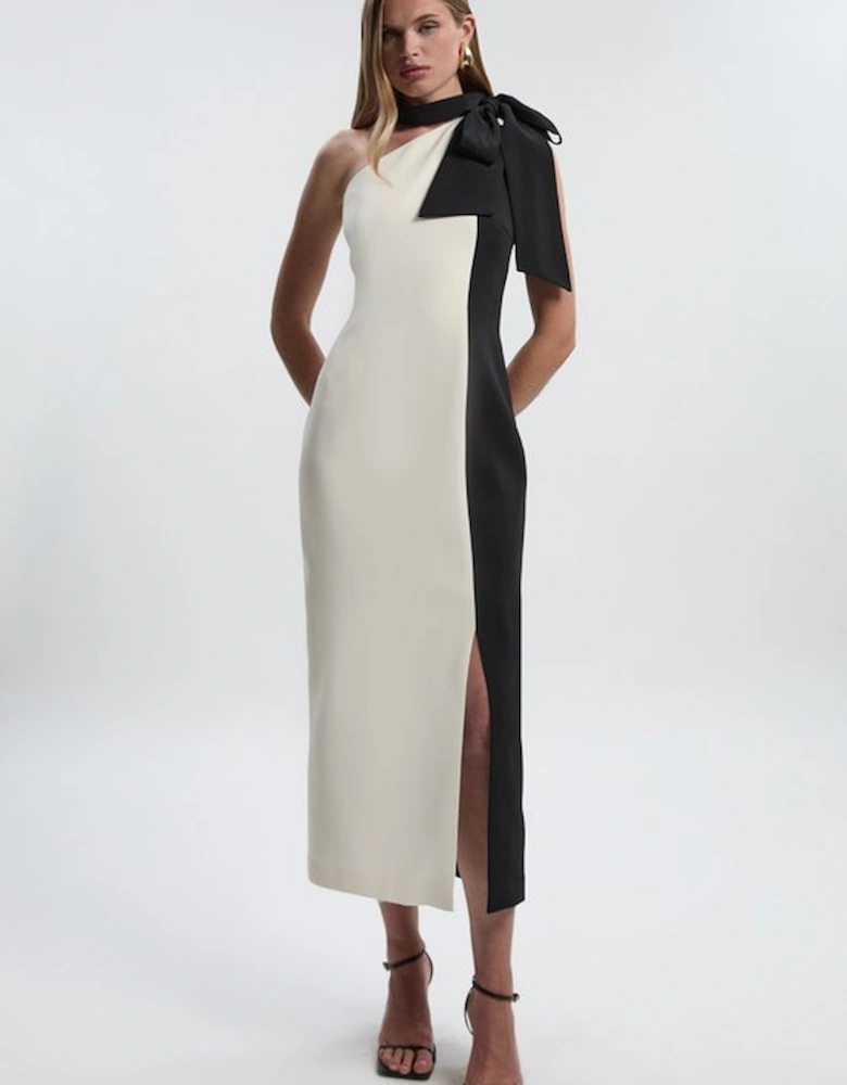 Soft Tailored Colour Block Bow Tie Neck Midi Dress