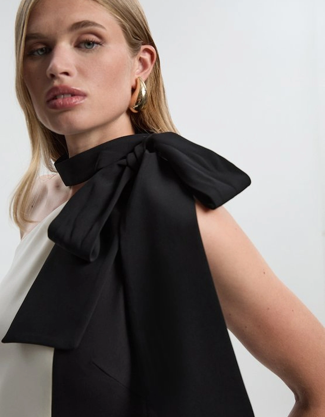 Soft Tailored Colour Block Bow Tie Neck Midi Dress