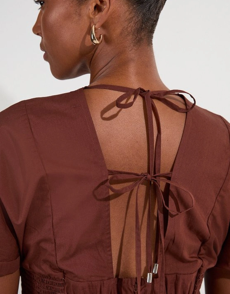 Plus Size Shirred Cotton Woven Plunge Neck Short Sleeve Top