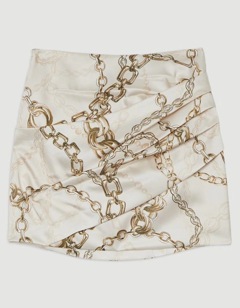 Structured Viscose Satin Chain Print Tailored Ruched Mini Skirt