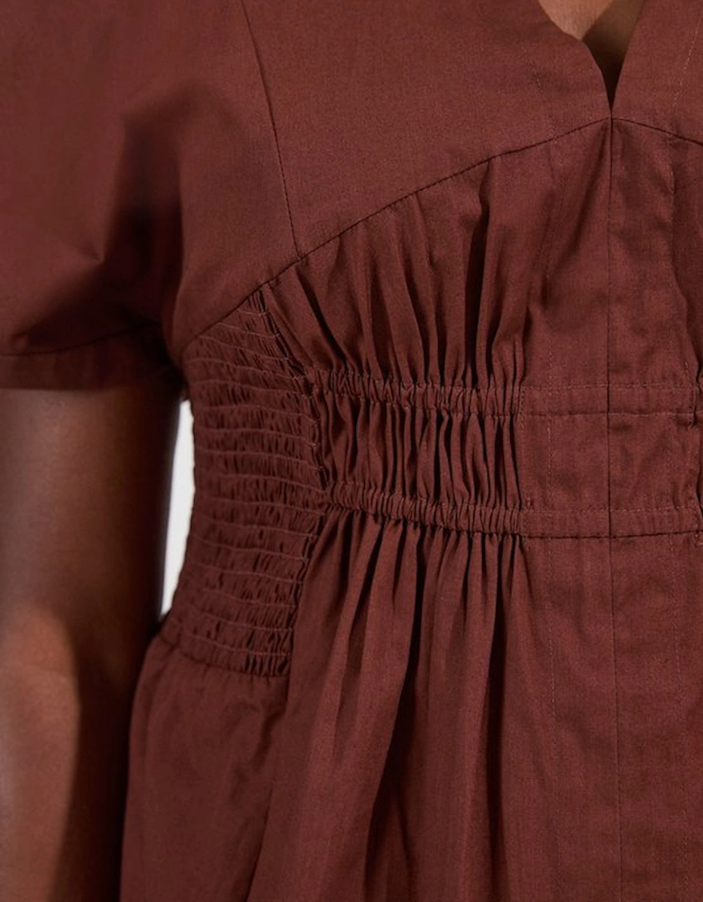 Plus Size Shirred Cotton Woven Plunge Neck Short Sleeve Top