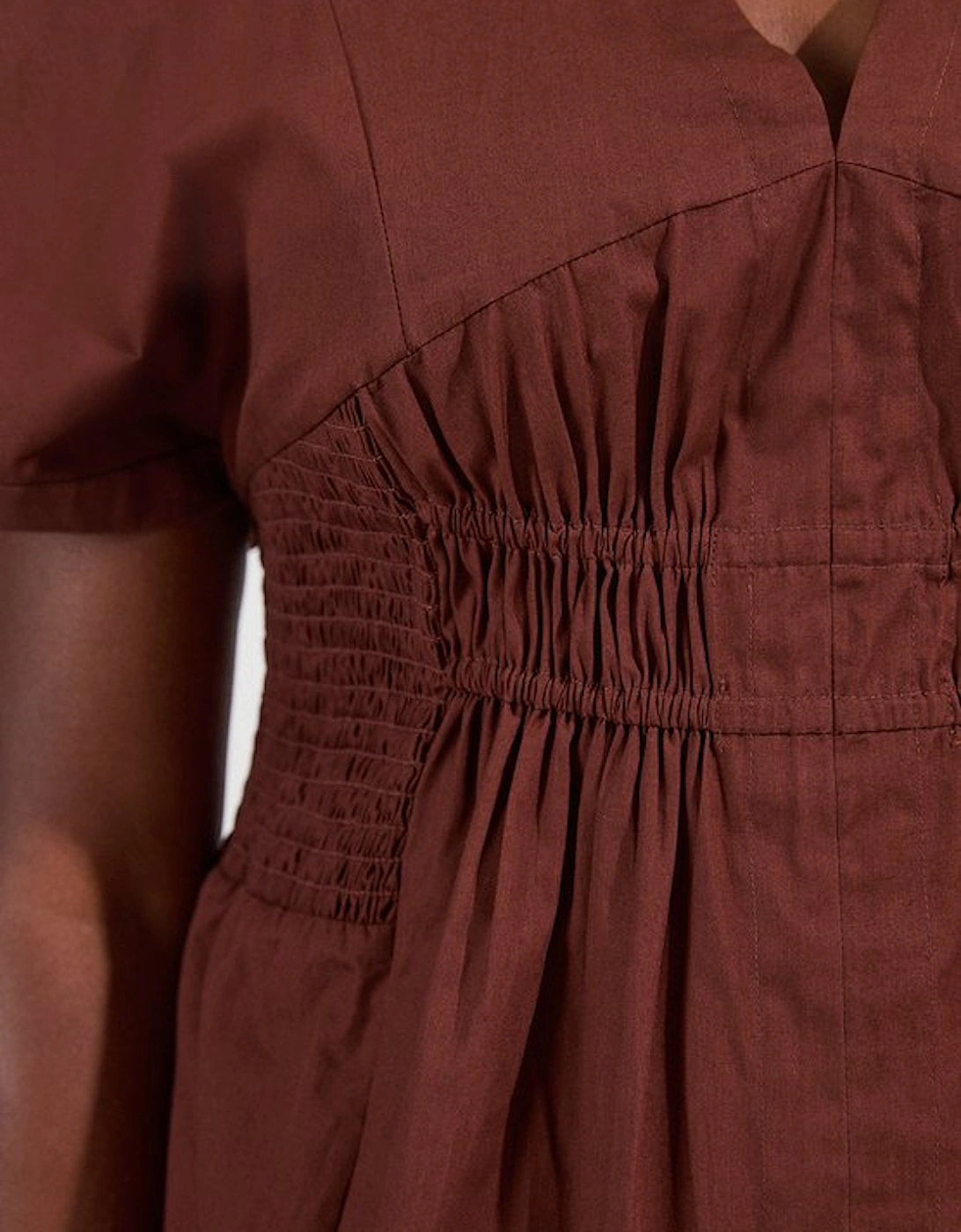 Plus Size Shirred Cotton Woven Plunge Neck Short Sleeve Top