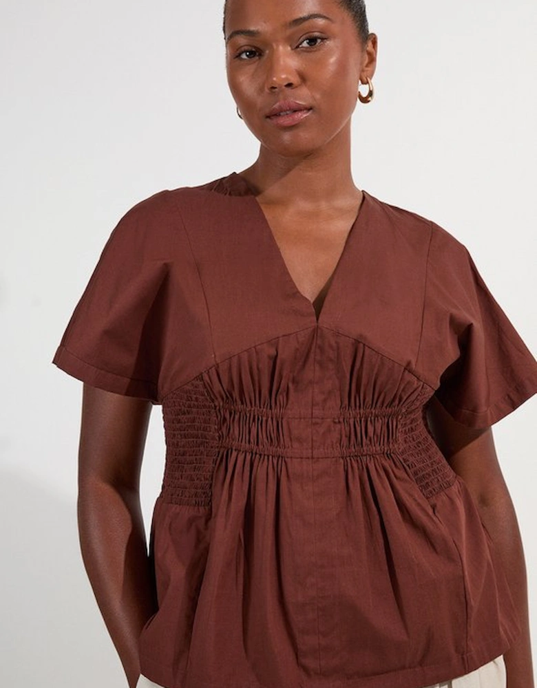 Plus Size Shirred Cotton Woven Plunge Neck Short Sleeve Top