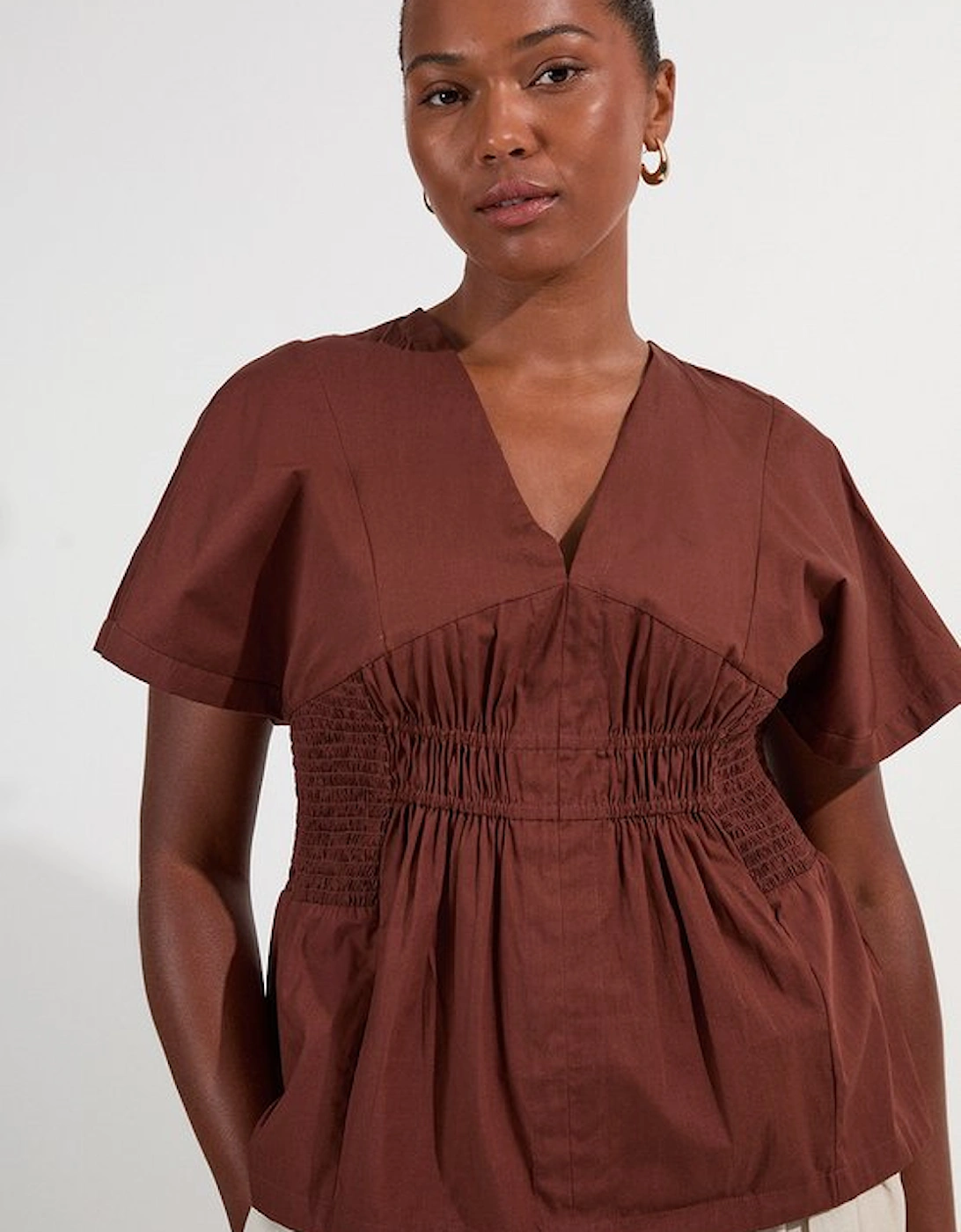 Plus Size Shirred Cotton Woven Plunge Neck Short Sleeve Top, 5 of 4