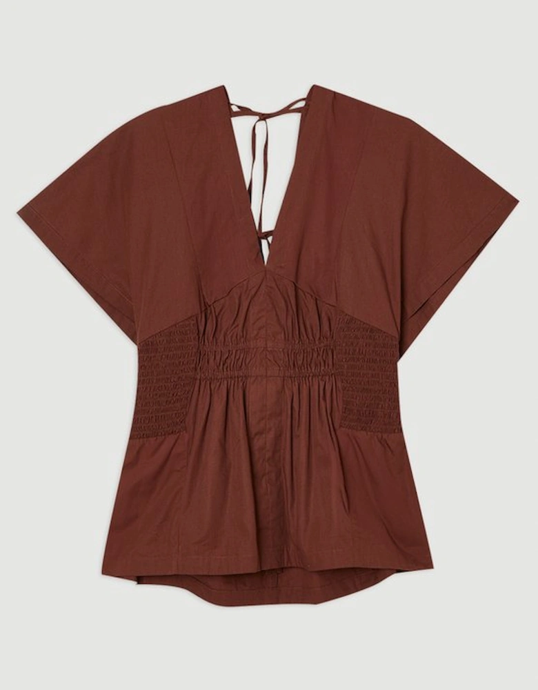 Plus Size Shirred Cotton Woven Plunge Neck Short Sleeve Top