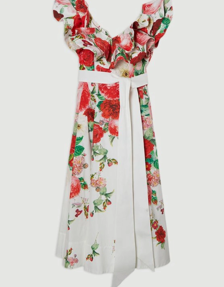 Floral Cotton Poplin Structure Ruffle Tie Belt Woven Midi Dress