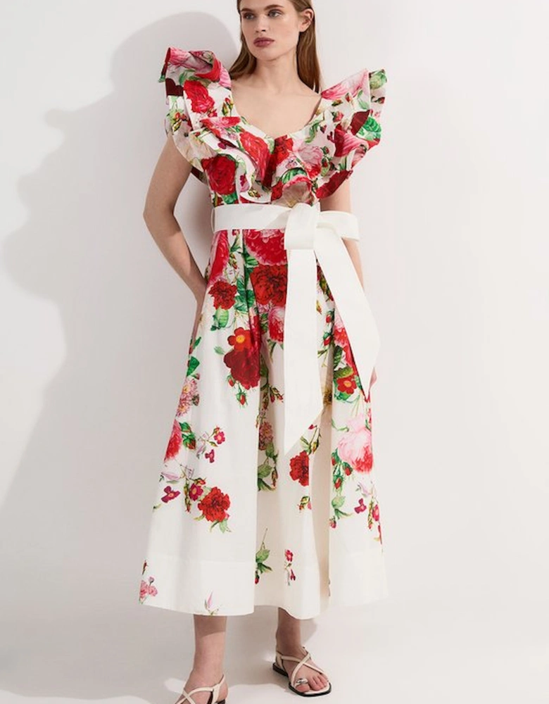 Floral Cotton Poplin Structure Ruffle Tie Belt Woven Midi Dress