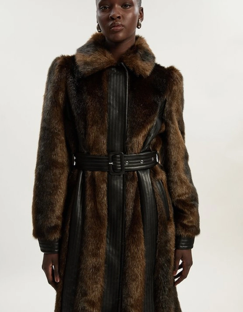 Petite Faux Fur PU Panelled Belted Midi Coat
