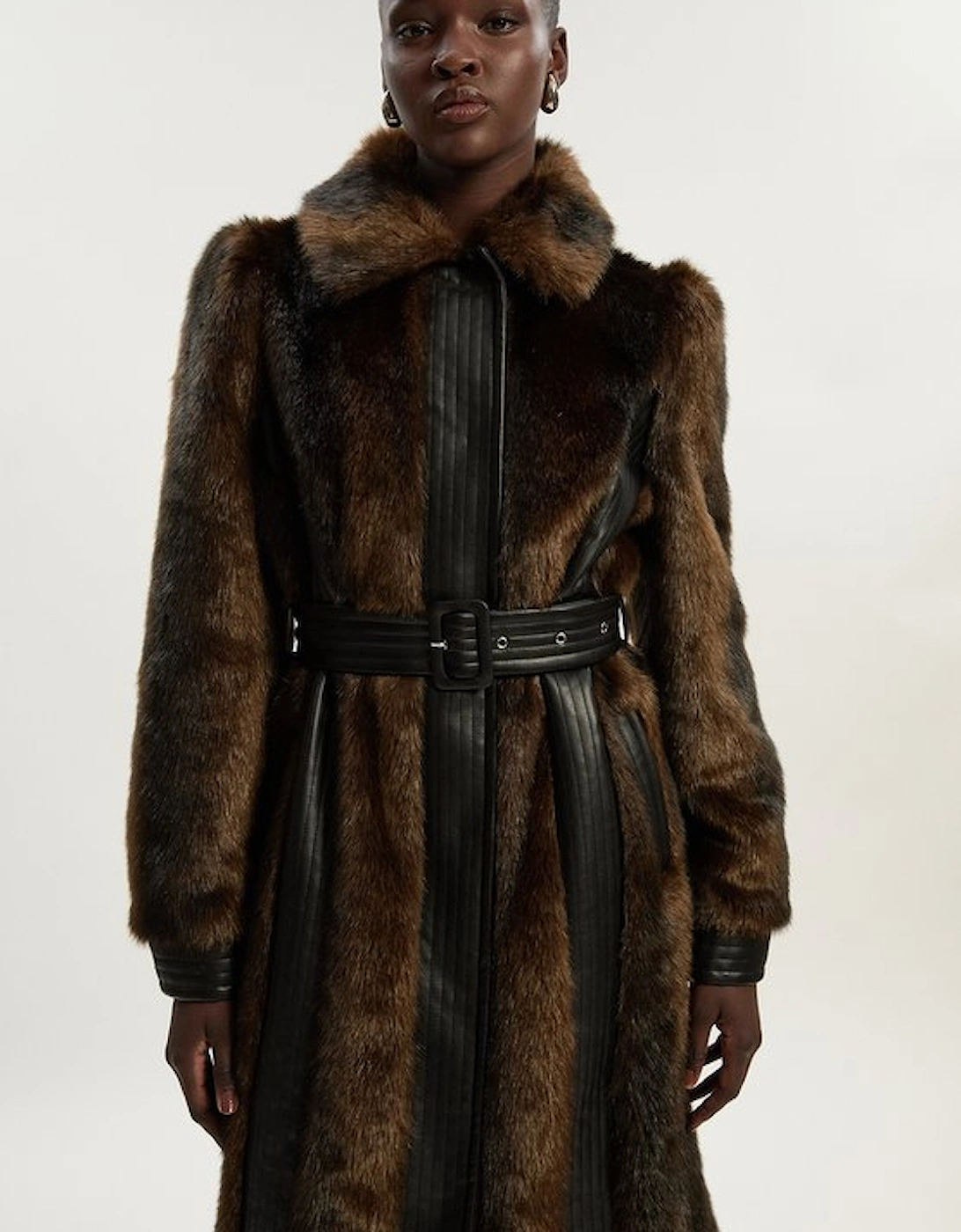 Petite Faux Fur PU Panelled Belted Midi Coat