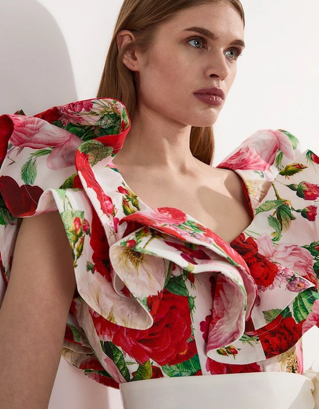 Floral Cotton Poplin Structure Ruffle Tie Belt Woven Midi Dress