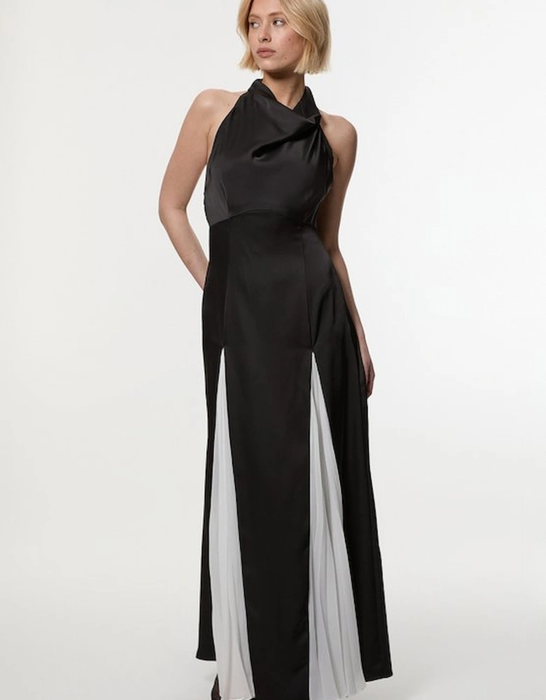Drama Halter Pleat Insert Woven Maxi Dress