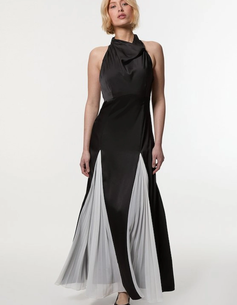 Drama Halter Pleat Insert Woven Maxi Dress