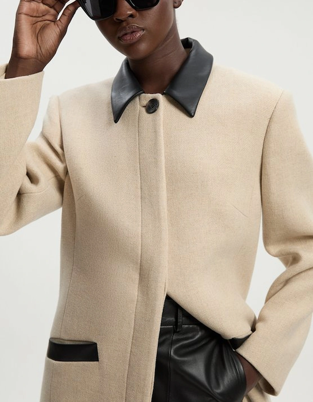 Wool Pu Mix Tailored Midi Coat