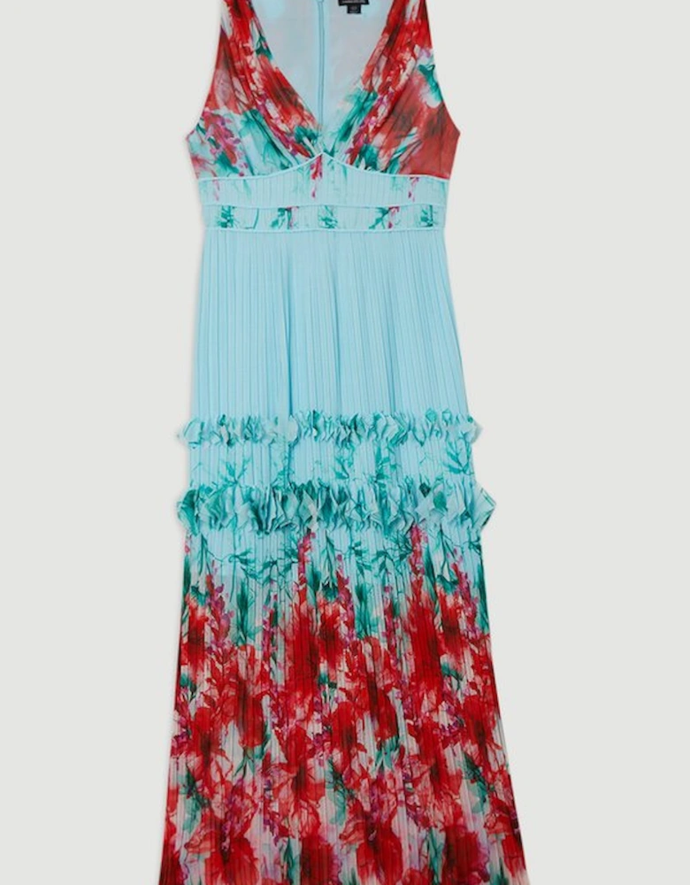 Floral Pleat Detail Strappy Woven Midi Dress