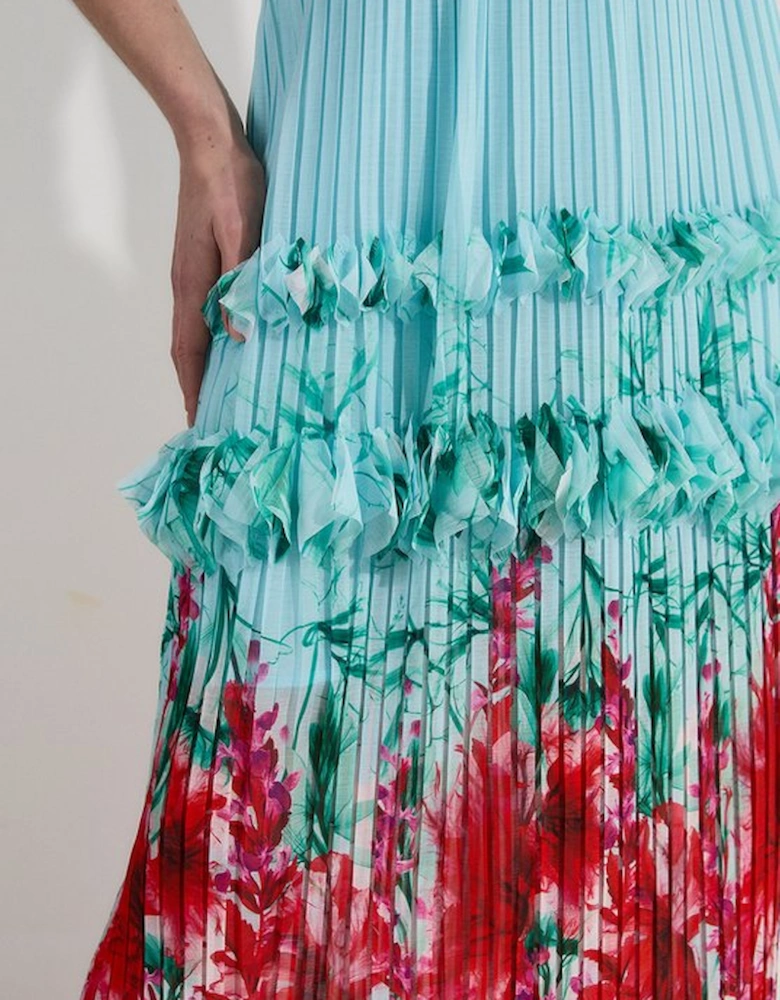 Floral Pleat Detail Strappy Woven Midi Dress