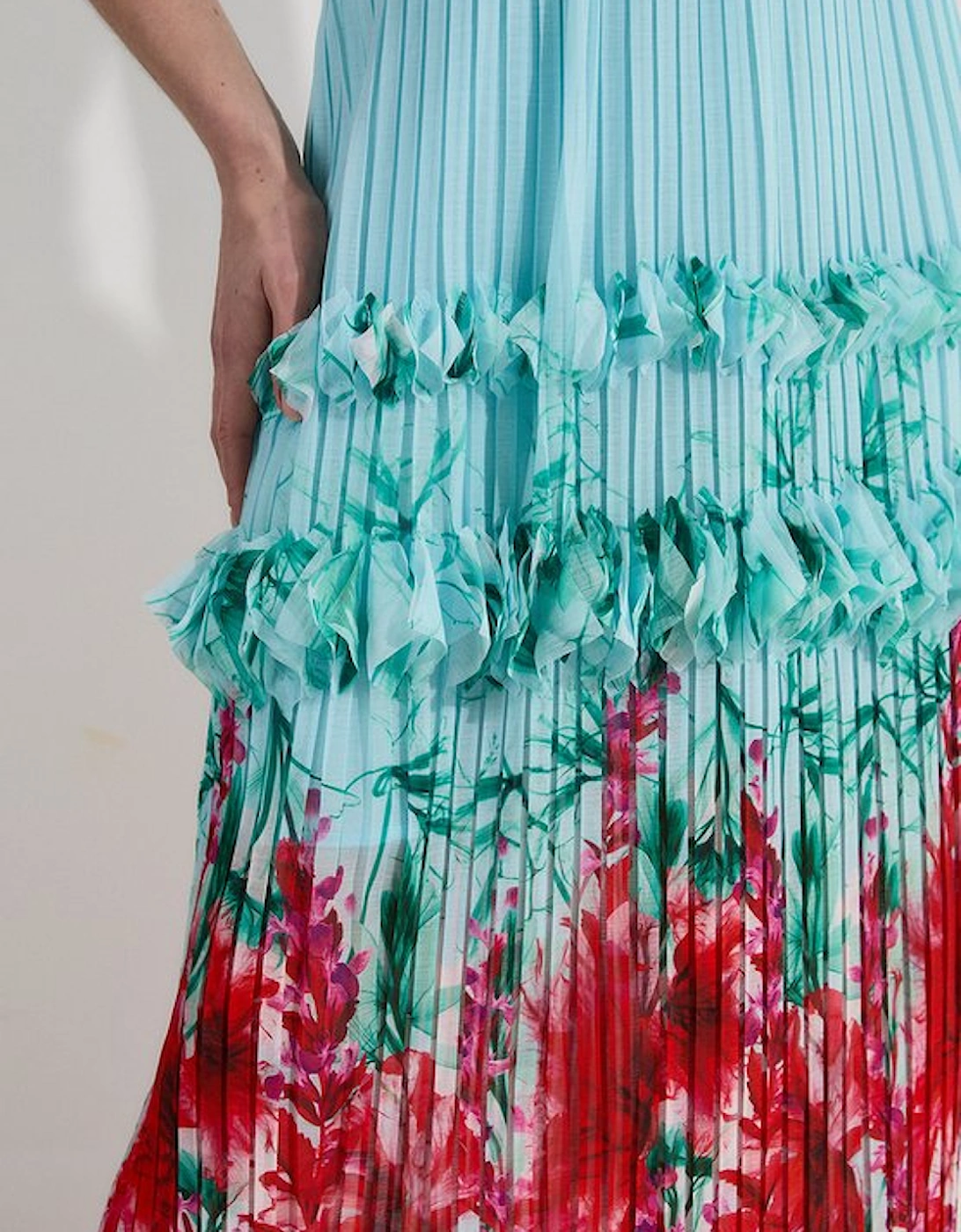 Floral Pleat Detail Strappy Woven Midi Dress