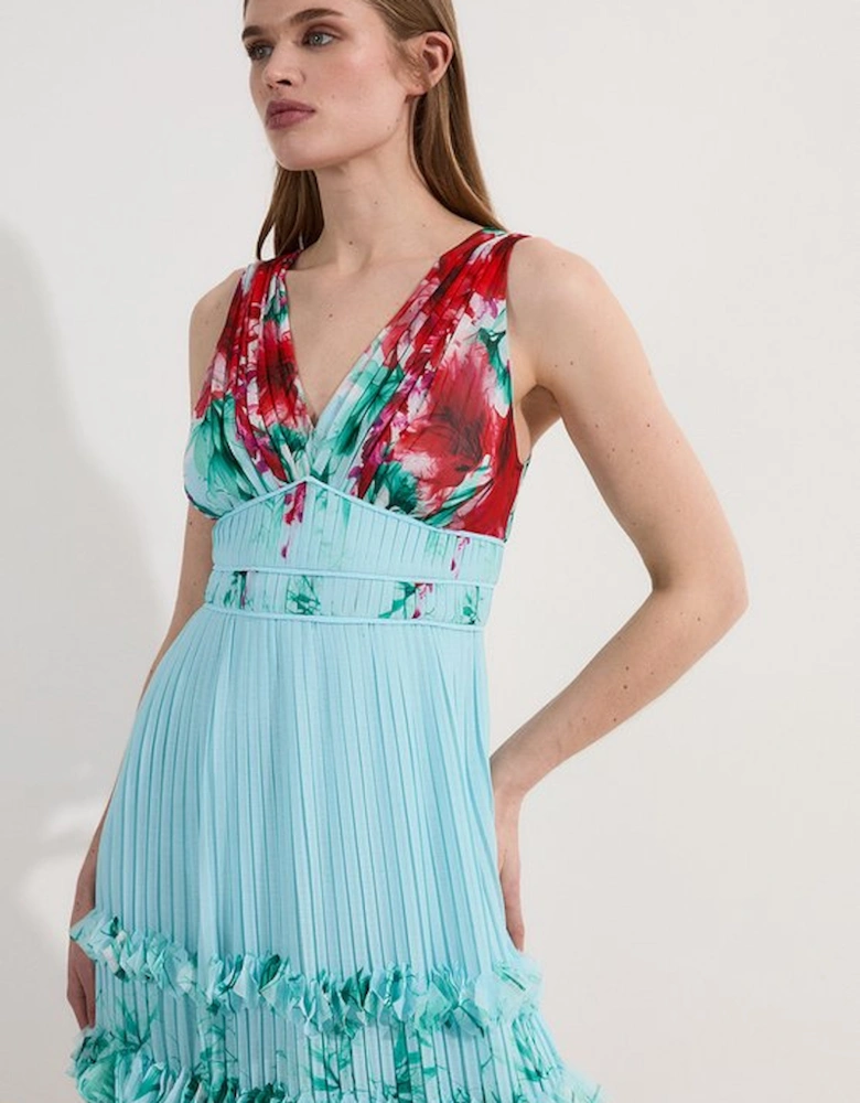 Floral Pleat Detail Strappy Woven Midi Dress