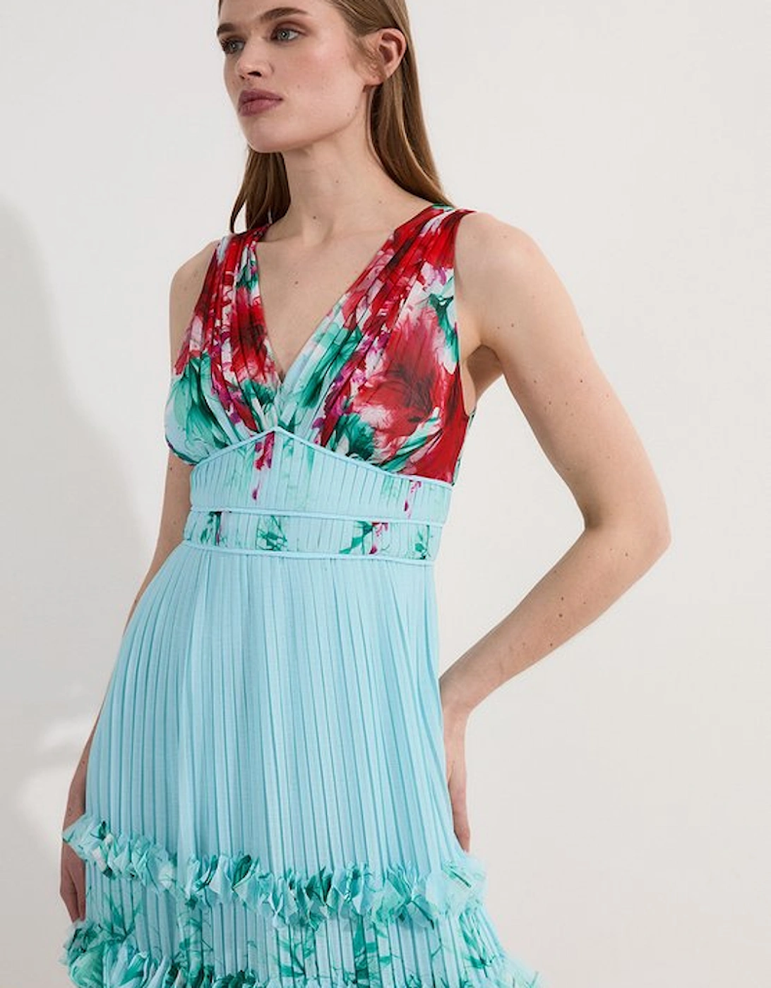 Floral Pleat Detail Strappy Woven Midi Dress