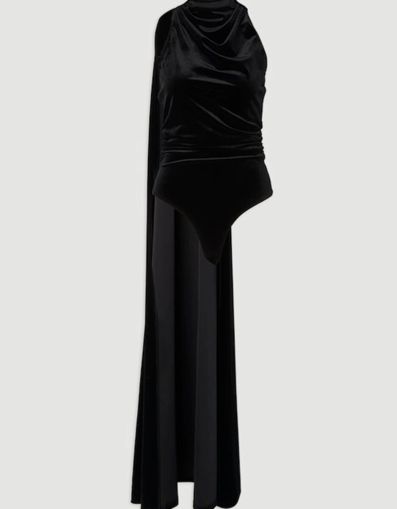 Stretch Velvet High Neck Cape Shoulder Bodysuit
