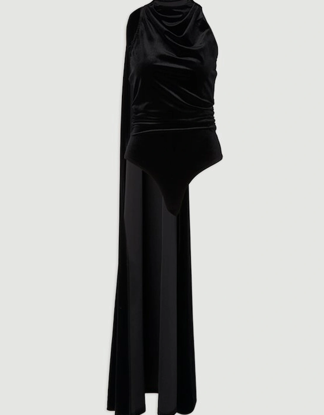 Stretch Velvet High Neck Cape Shoulder Bodysuit