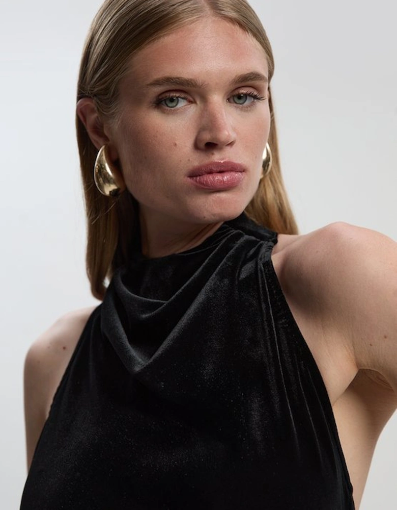 Stretch Velvet High Neck Cape Shoulder Bodysuit