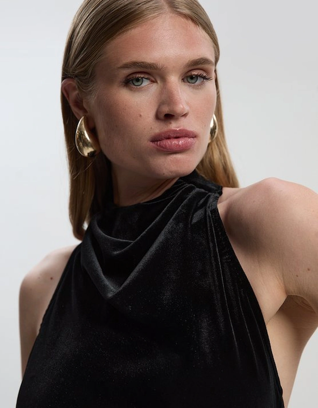 Stretch Velvet High Neck Cape Shoulder Bodysuit
