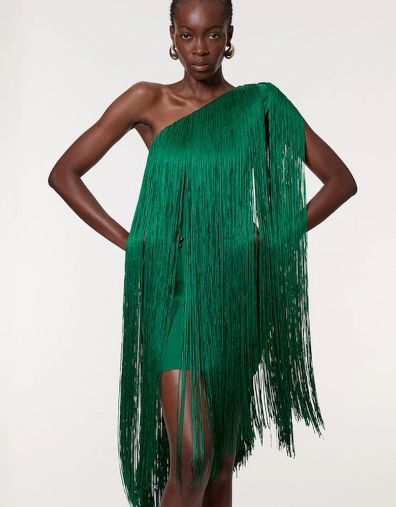 Petite Figure Form Bandage One Shoulder Fringe Mini Knit Dress