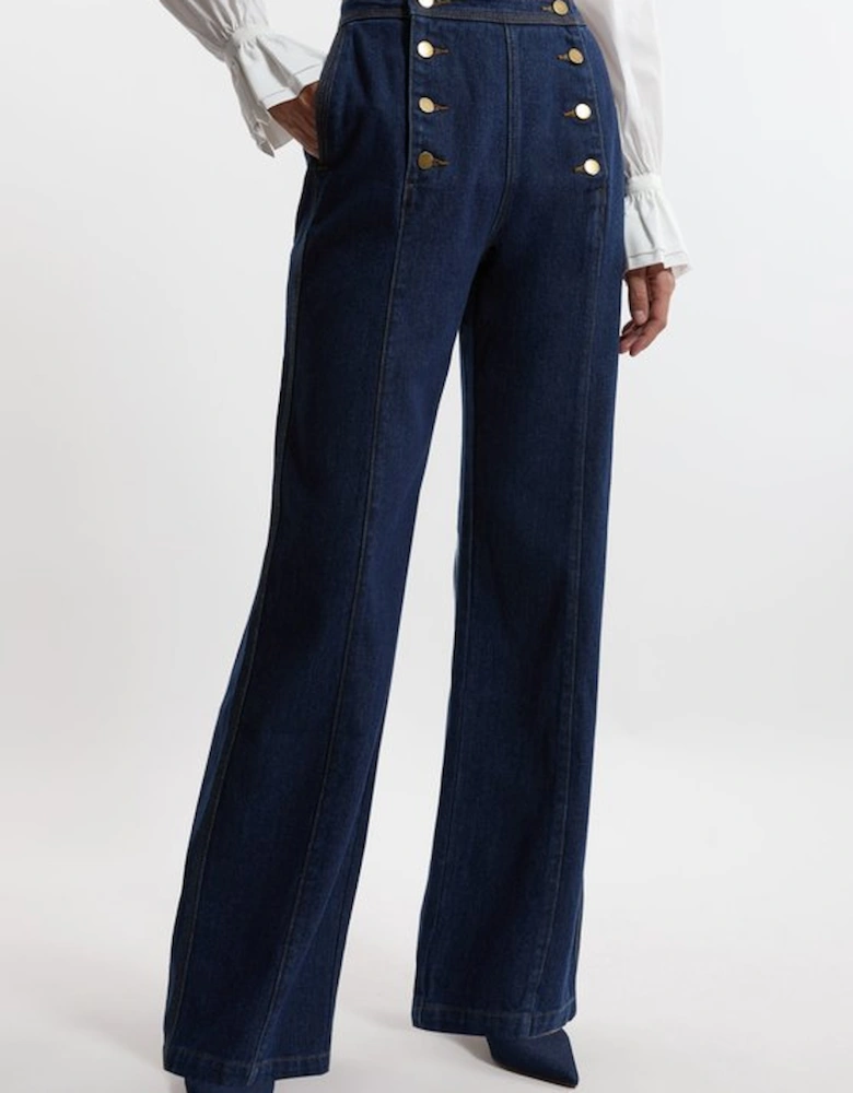 Petite Denim Tailored Button Front Straight Leg Jeans
