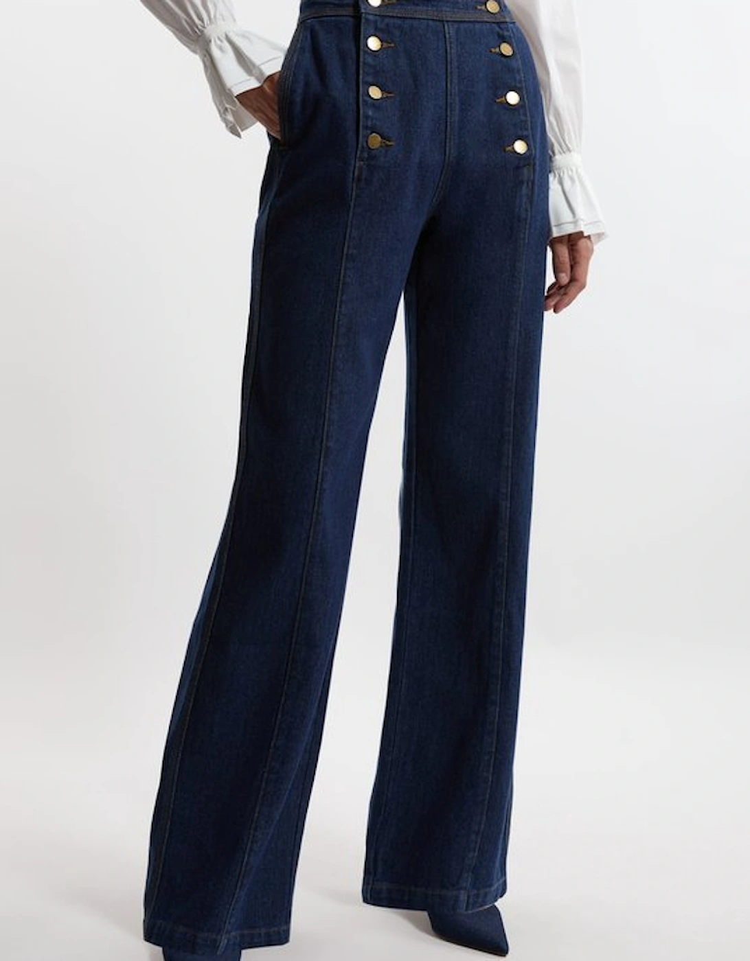 Petite Denim Tailored Button Front Straight Leg Jeans