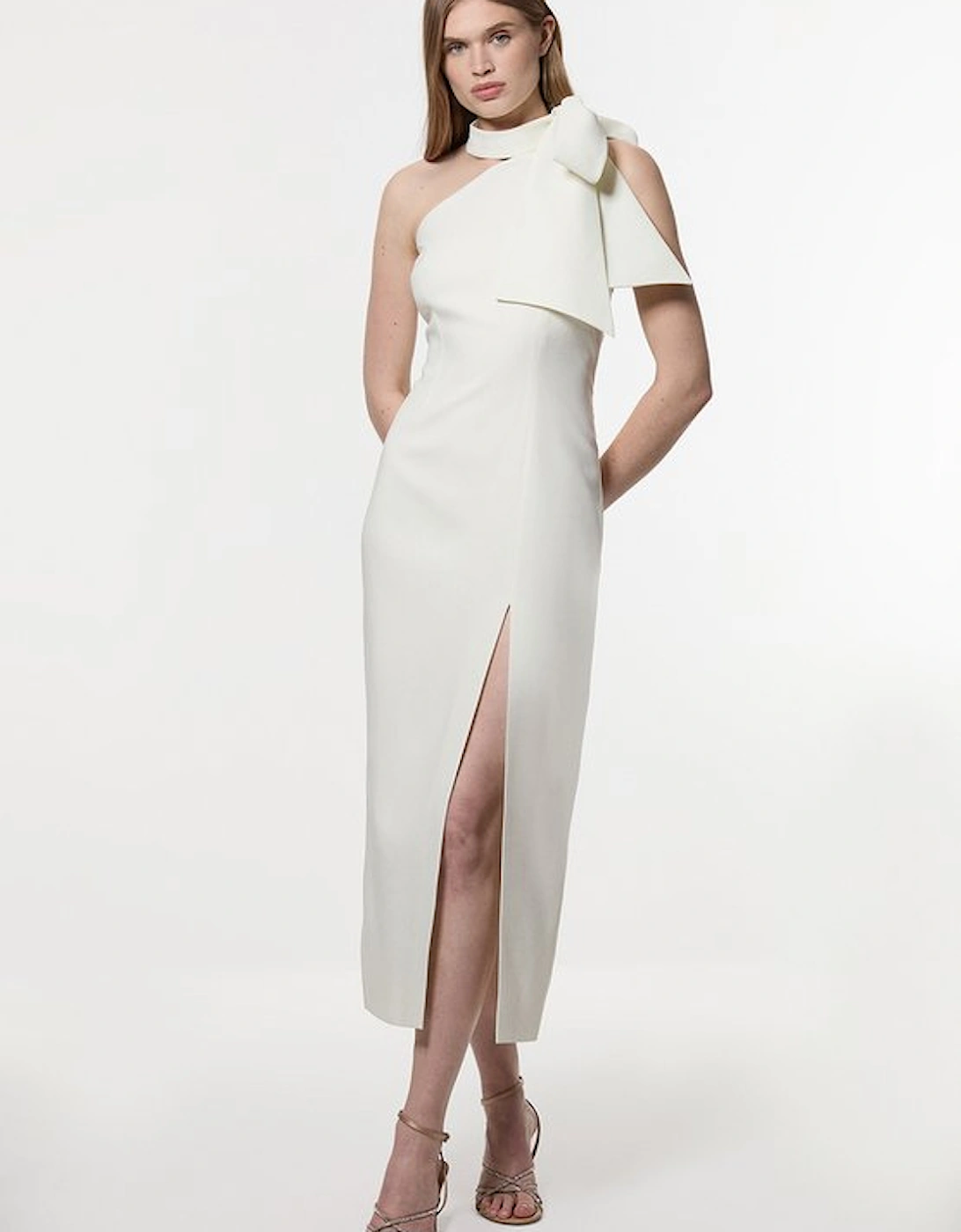 Petite Satin Bow Tie Neck Tailored Midi Dress, 4 of 3