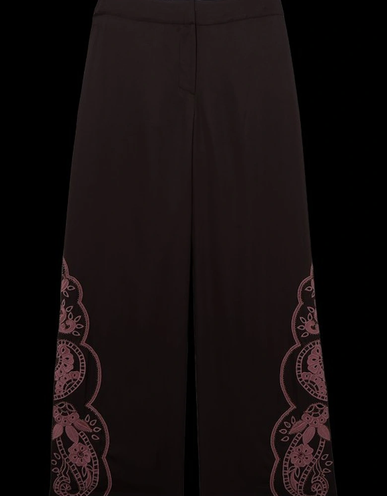 Cutwork Beaded Twill Wide Leg Woven Trouser