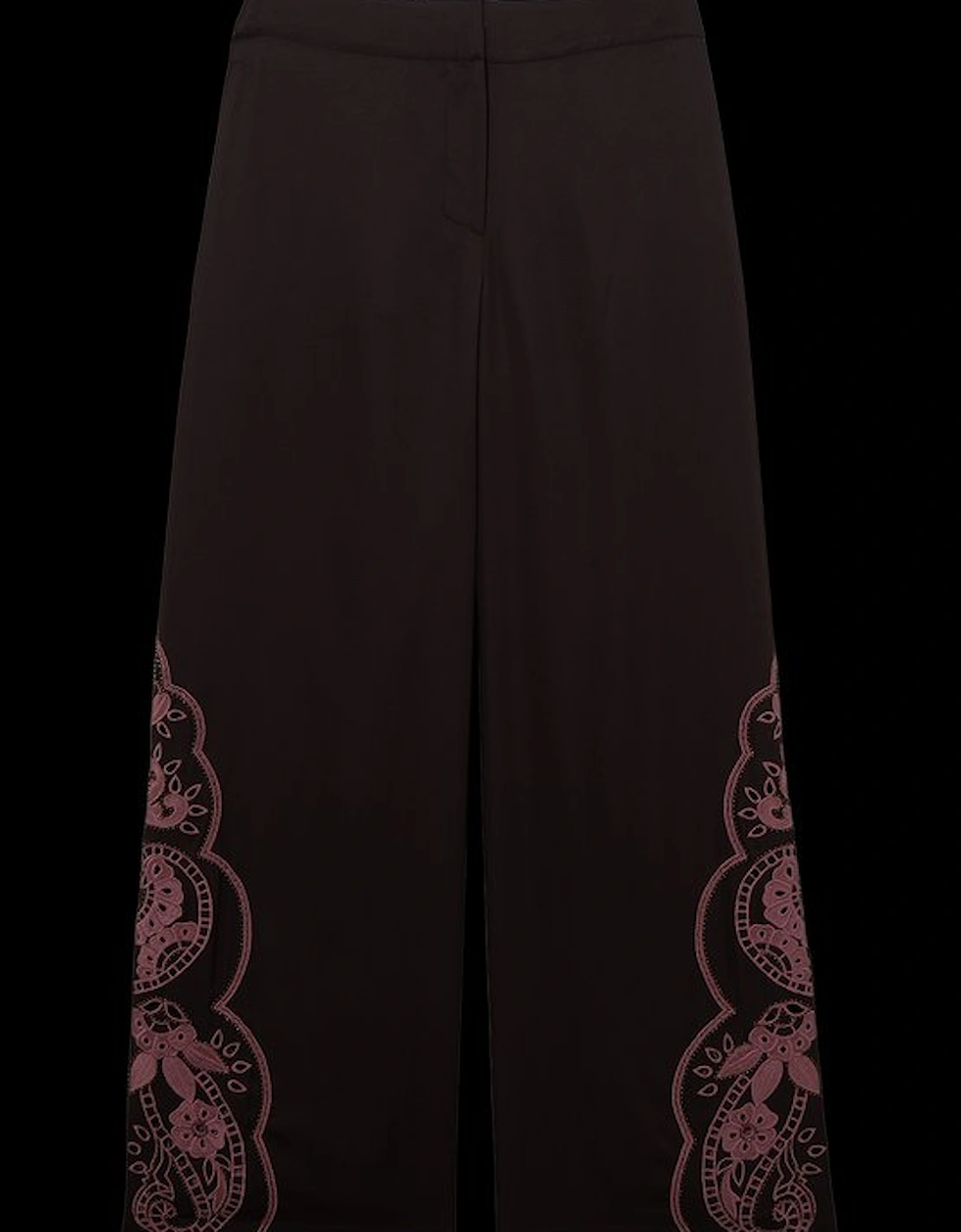 Cutwork Beaded Twill Wide Leg Woven Trouser