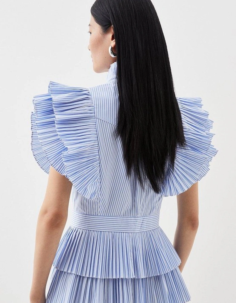 Sleeveless Striped Pleated Ruffle Blouse