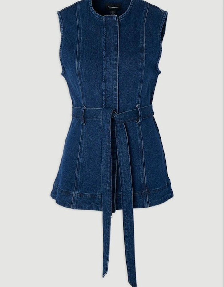 Plus Size Denim Sleeveless Belted Jacket