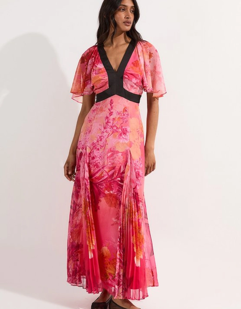 Pleated Floral Godet Panel Woven Maxi Dress