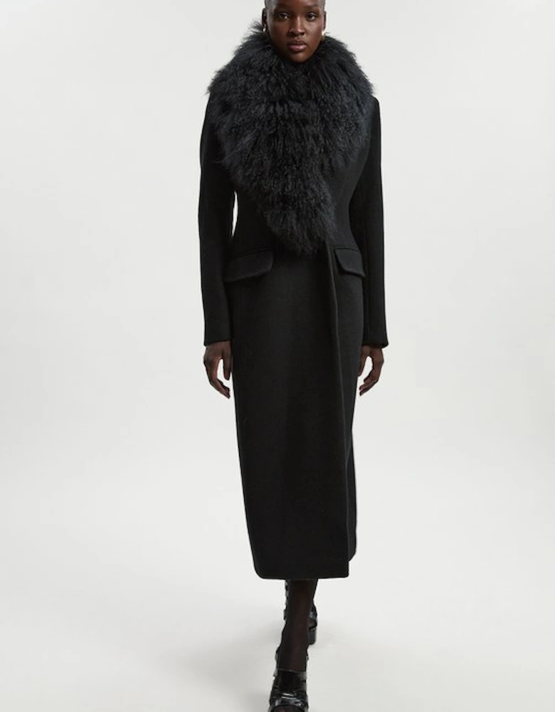 Wool Detachable Fur Collar Tailored Double Breasted Midi Coat