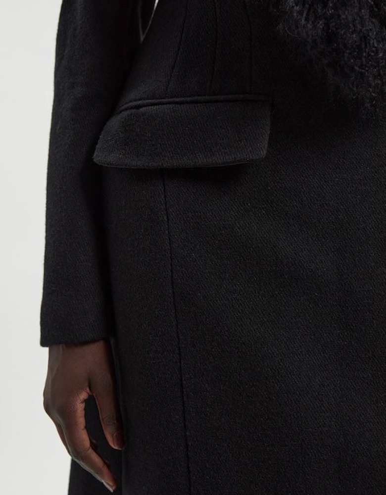 Wool Detachable Fur Collar Tailored Double Breasted Midi Coat