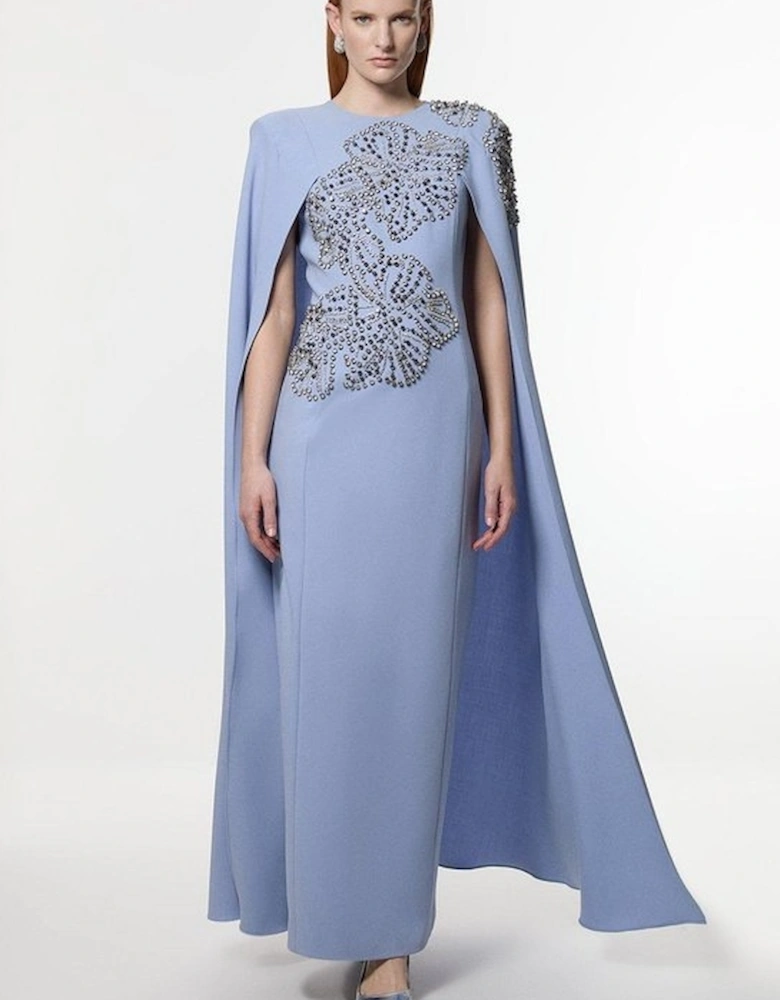 Petite Placed Floral Crystal Embellished Tailored Drama Cape Maxi Dress