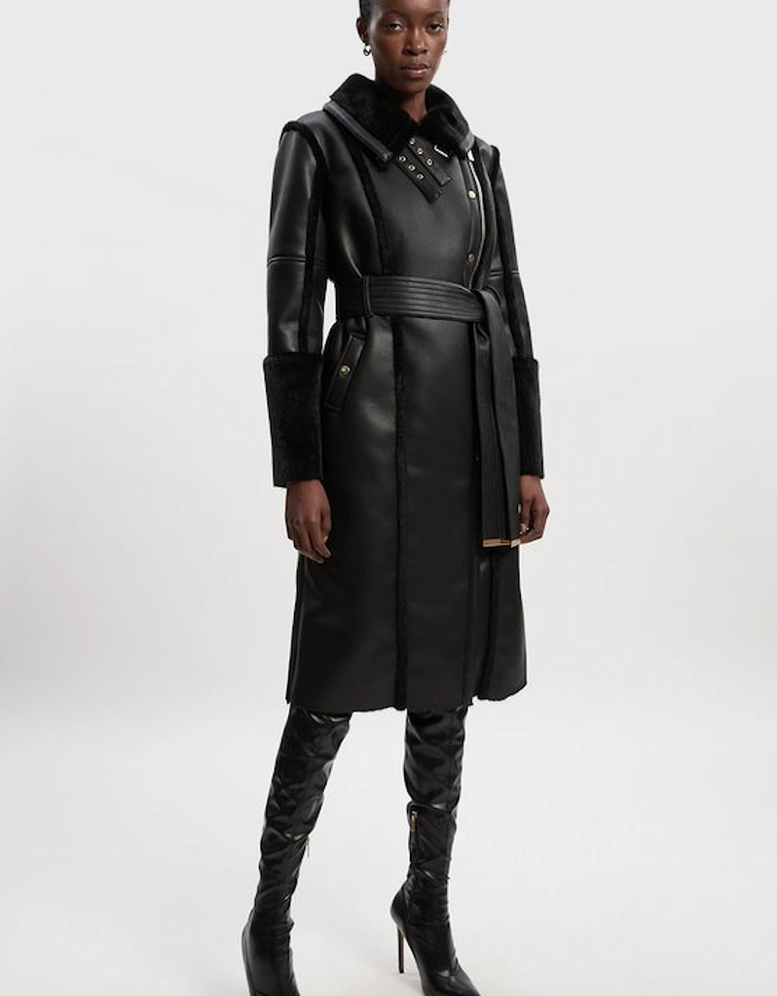 Faux Fur Buckle Detail Belted Biker Midi Coat, 5 of 4