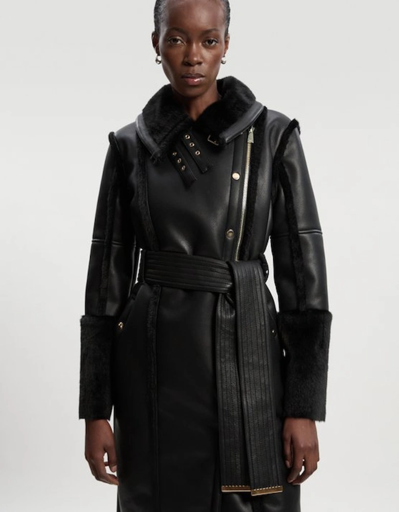 Faux Fur Buckle Detail Belted Biker Midi Coat